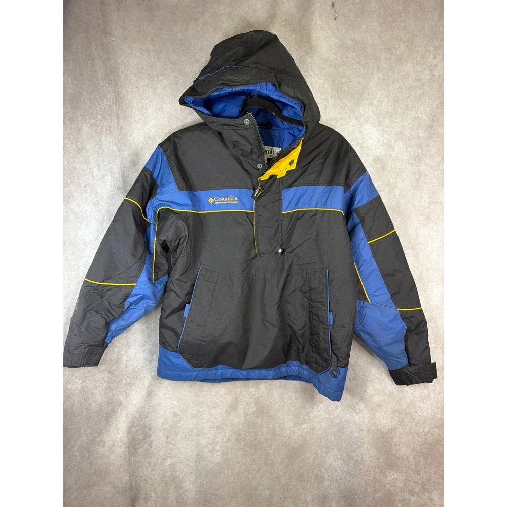 VTG Columbia Hooded‎ Anorak Jacket Black Blue Yellow Youth 14/16 Winter Ski Snow